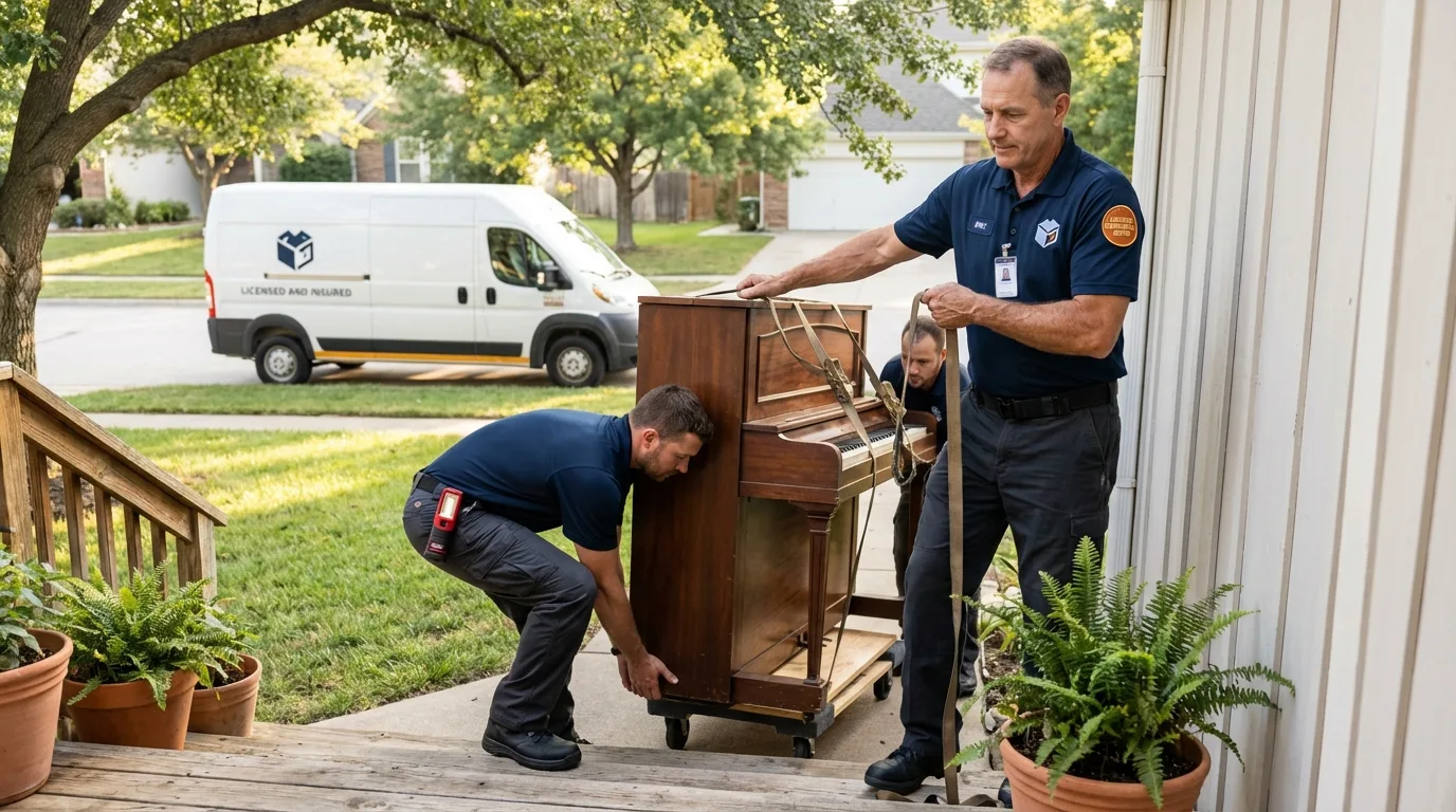 Licensed piano movers securing grand piano in Atwater, CA