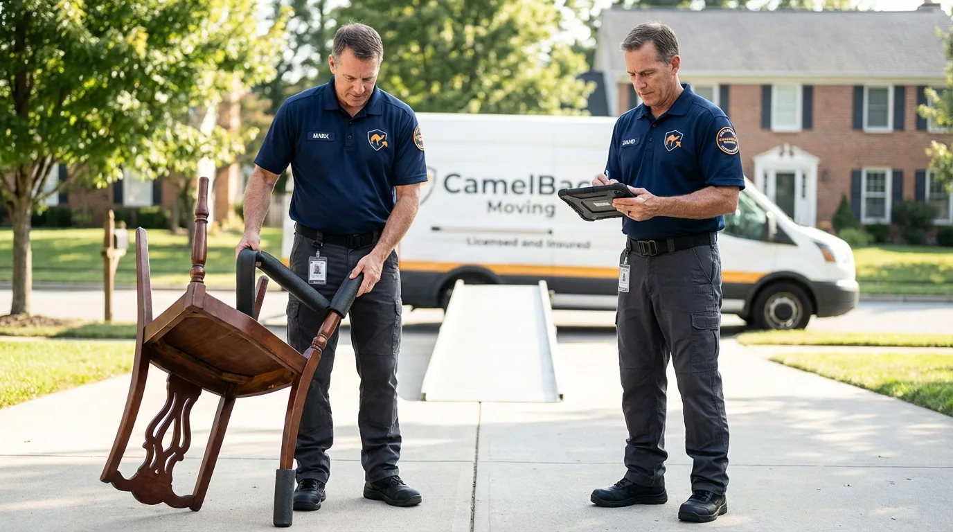 Movers inspecting furniture for damage prevention before loading in Atwater, CA