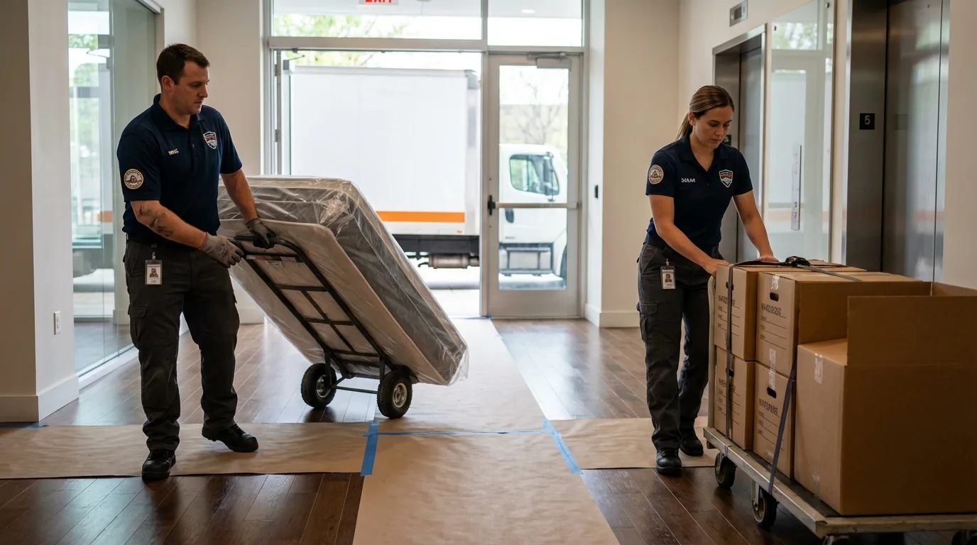 Professional apartment movers loading elevator in Atwater, CA