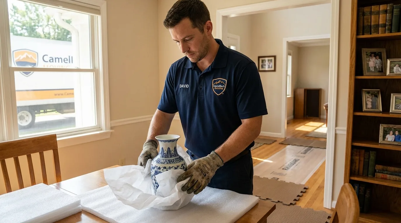 Professional crew carefully wrapping antique vase for senior downsizing move in Atwater, CA